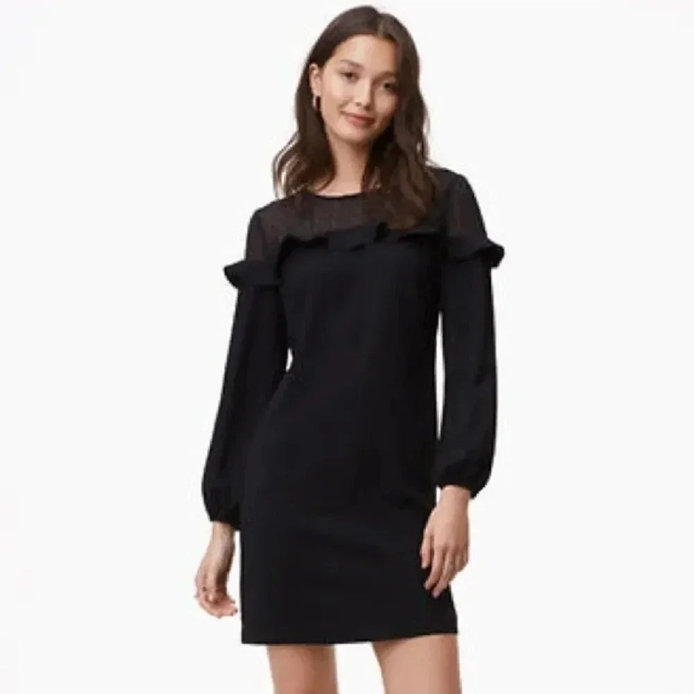 Ann Taylor LOFT Black Sheer Polka Dot Ruffle Dress